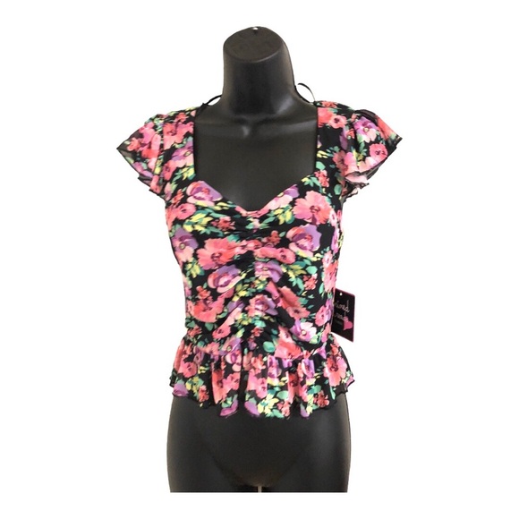 Black pink purple‎ floral peplum shirred front heart neckline blouse size large - Picture 7 of 14